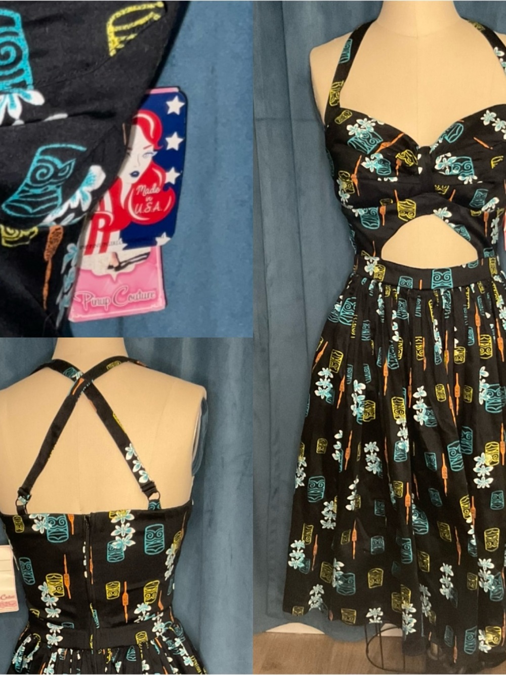 Pinup Couture NWT Black Tiki Print women’s Dress with Teal and Yellow Accents